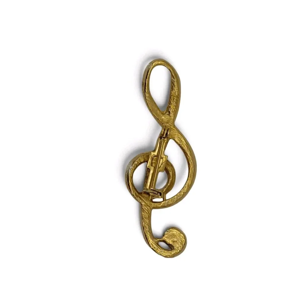Vtg 1960's Trebel Clef Brooch Pin Gold Tone Unsigned Large Music Lover Musician